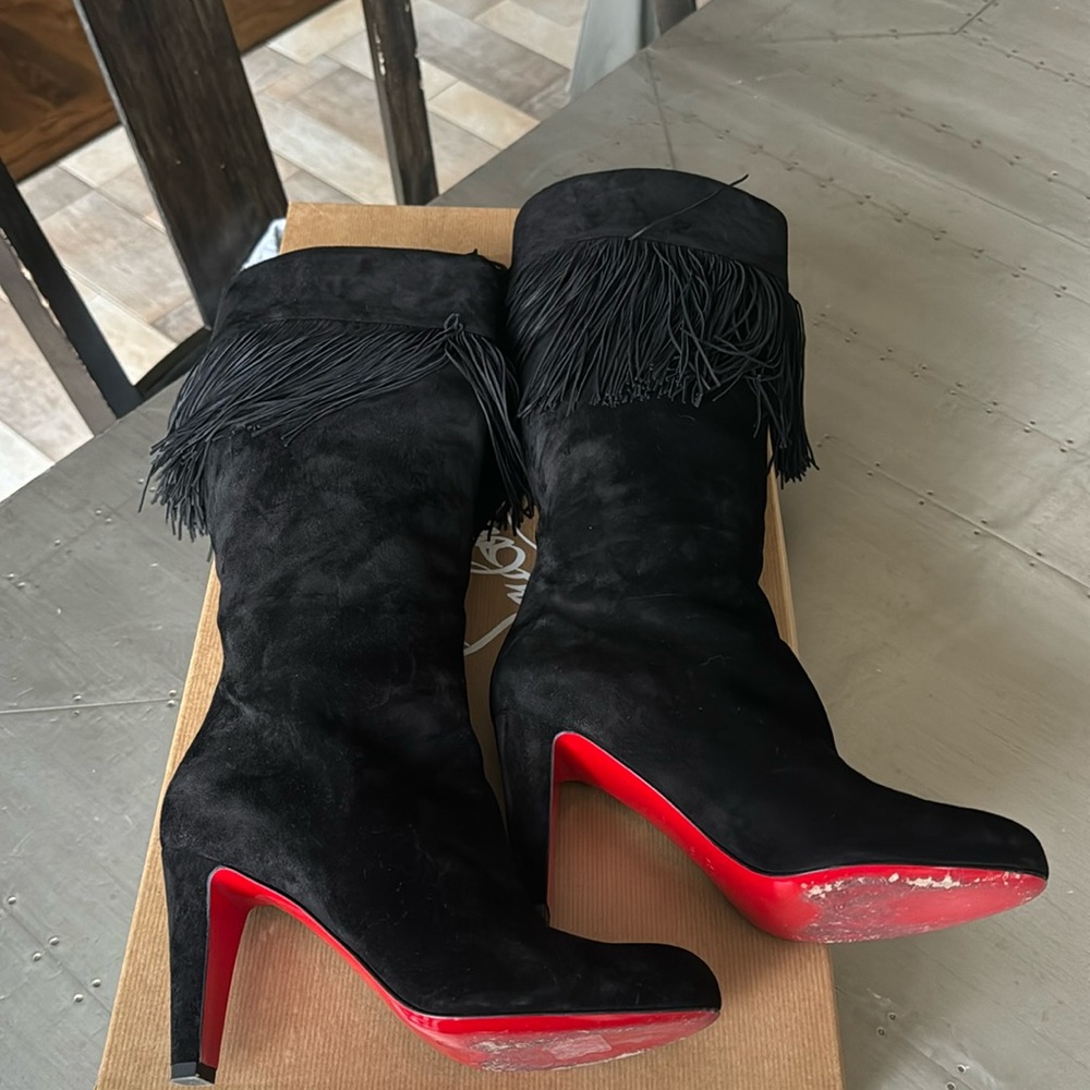 Christian Louboutin black suede fringe 85mm majung knee boot sz 38.5 cowboy